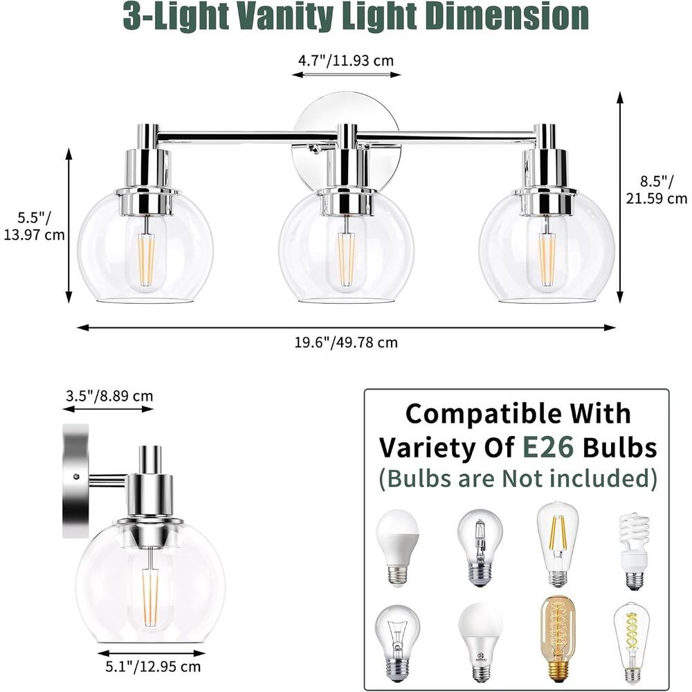 3 Lights Bathroom Vanity Light Fixtures Chrome, Bathroom Lights Over Mirror, Ind - Picture 2 of 5